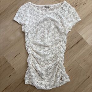 Free People White Floral Lace Ruched Short Sleeve Top Small Boho